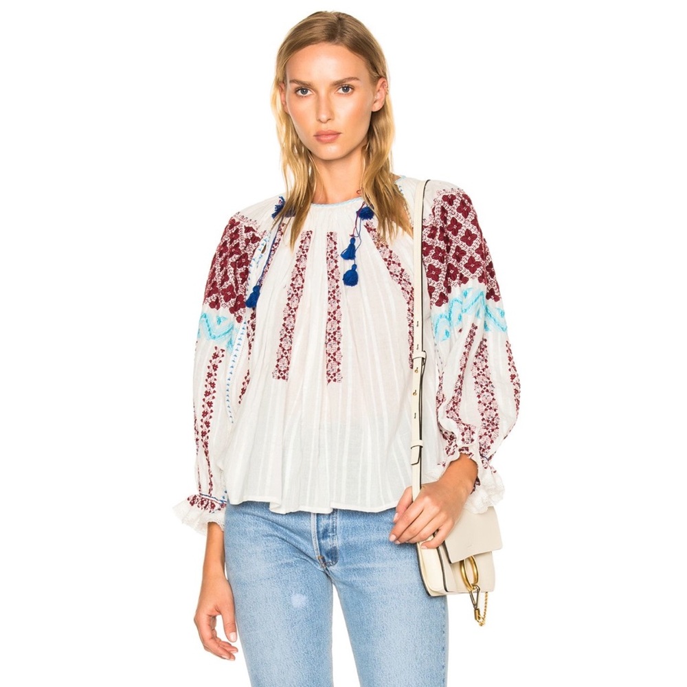 Ulla Johnson | Mila Embroidered Boho Blouse Top With Tassels